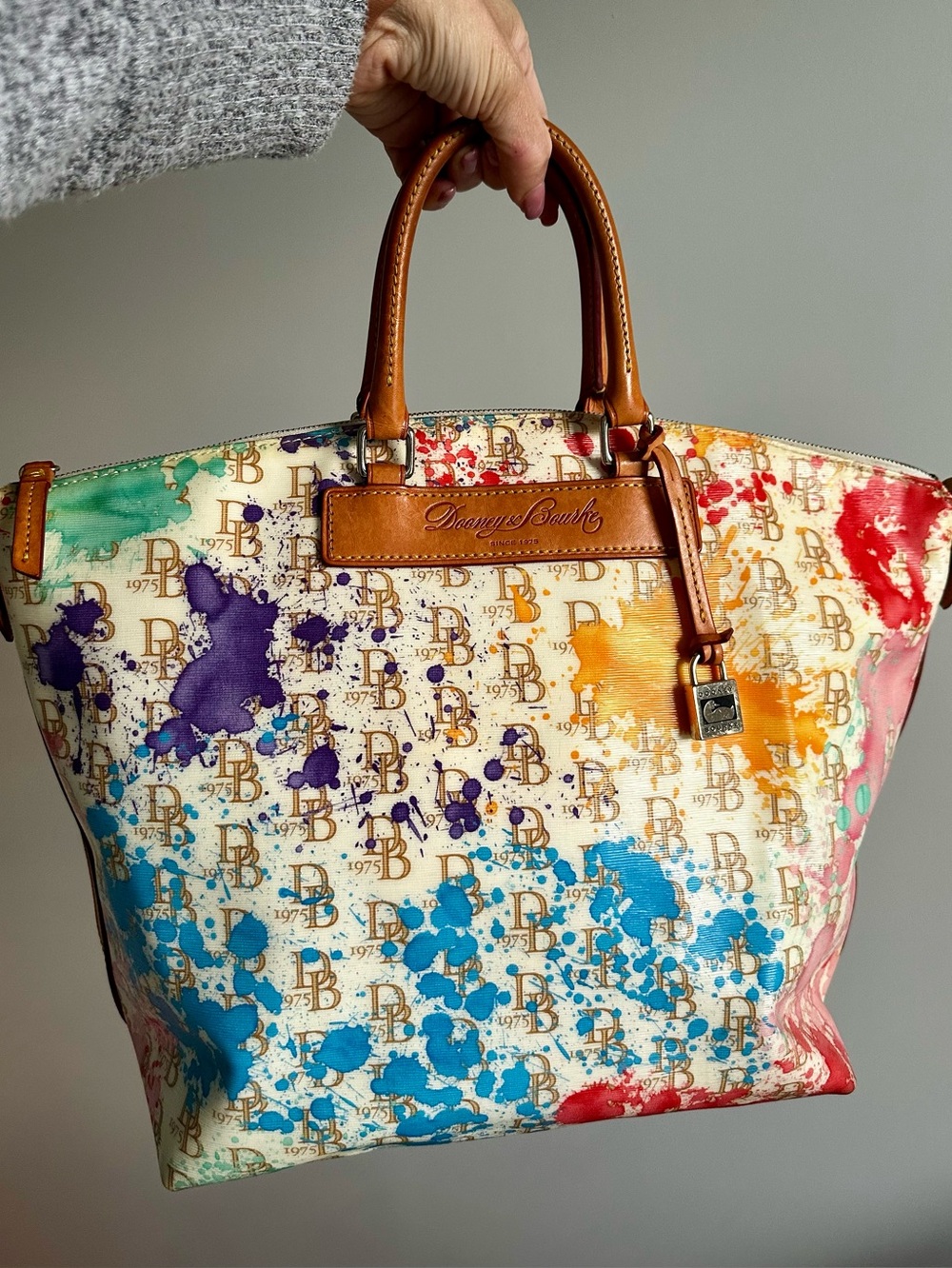 Dooney & Bourke Vintage Monogram Paint Splatter Satchel Tote w Strap